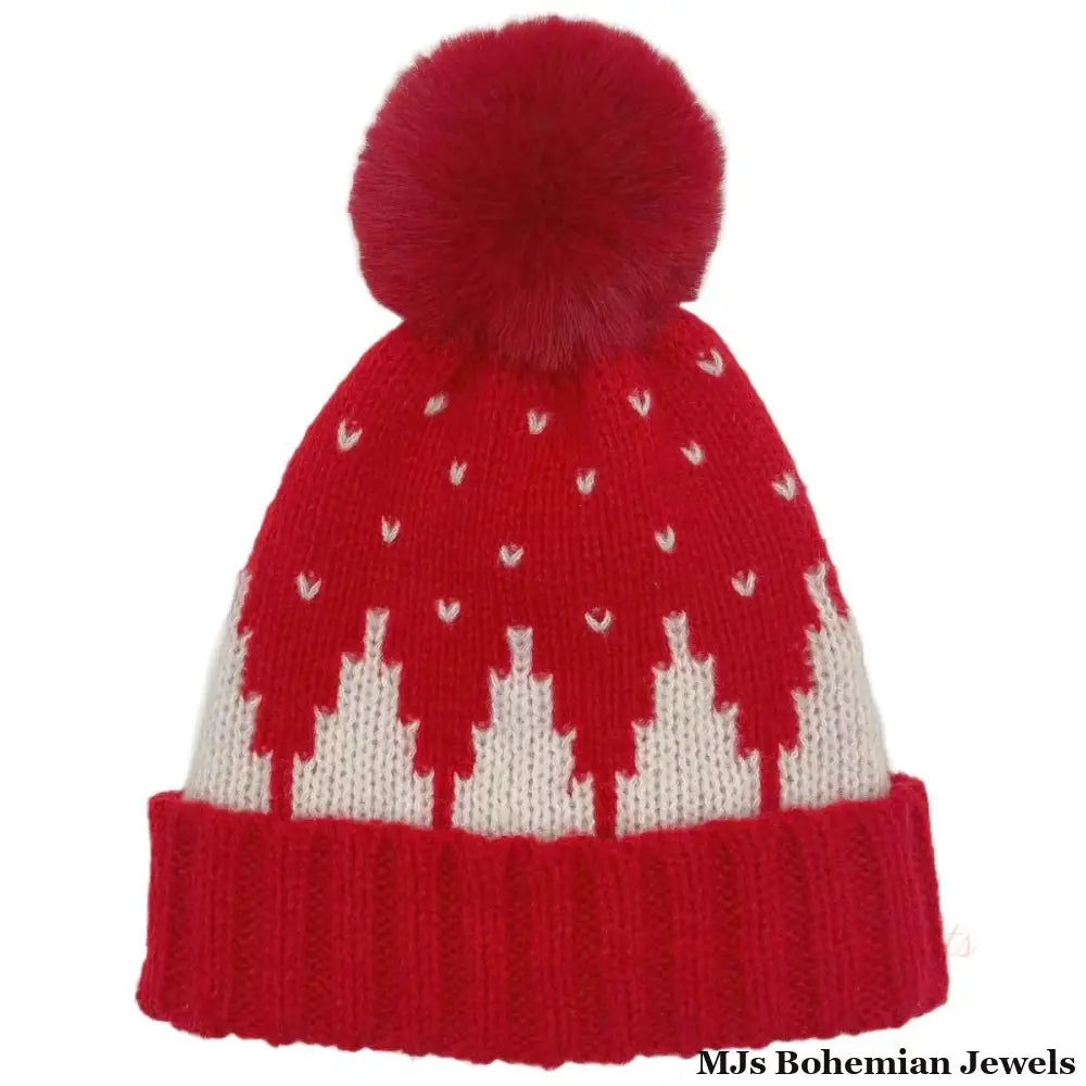 Beanie Hat Acrylic Red Snowing Pom Hat for Women
