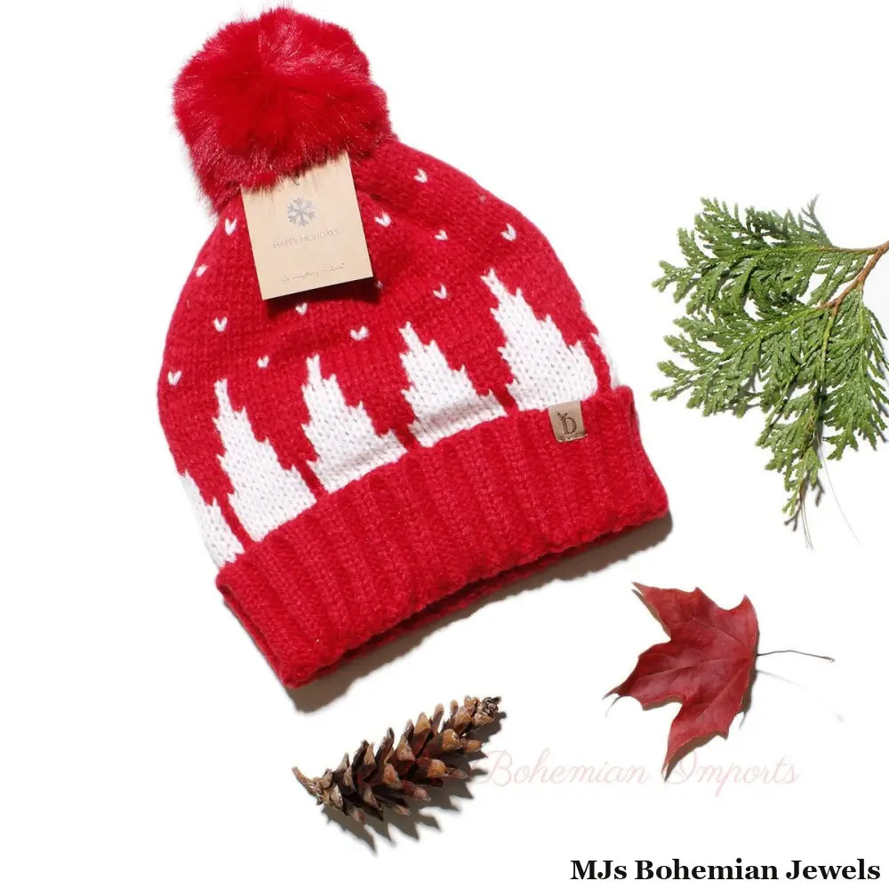 Beanie Hat Acrylic Red Snowing Pom Hat for Women