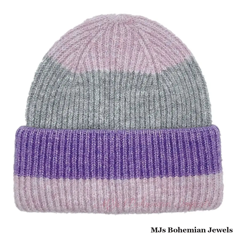 Beanie Purple Pink Striped Hat for Women