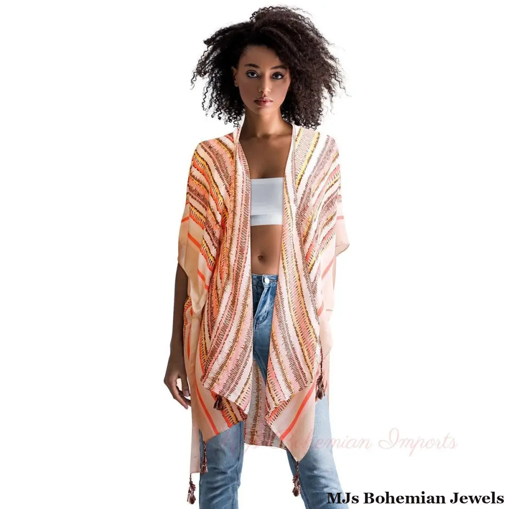Beige Tribal Stripe Print Kimono