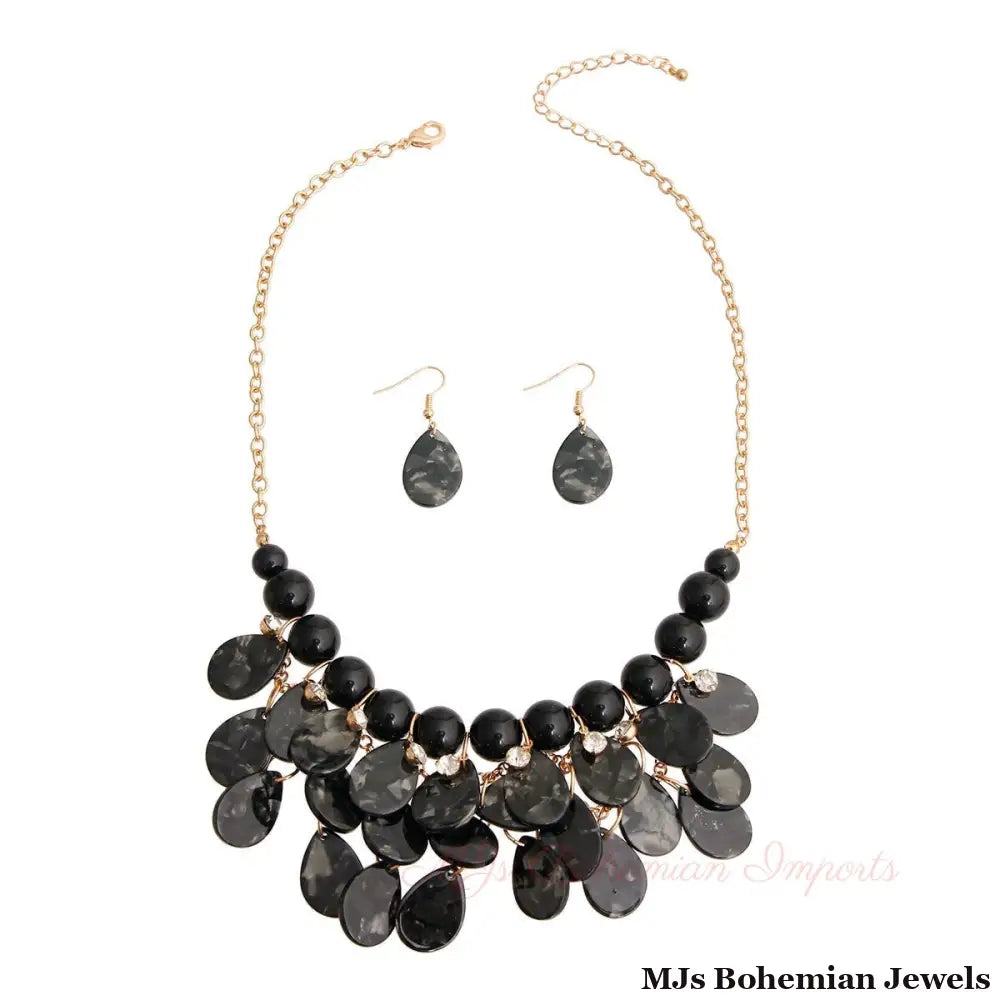 Black Bead Teardrop Bib Necklace