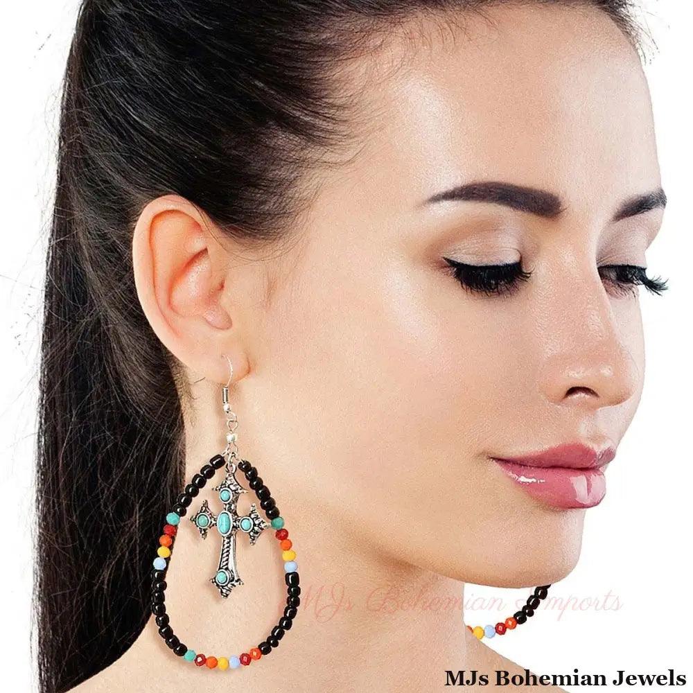 Black Bead Teardrop Cross Earrings