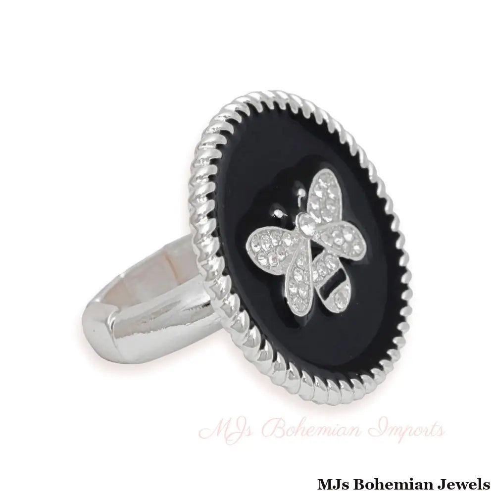 Black Bee Charm Silver Ring