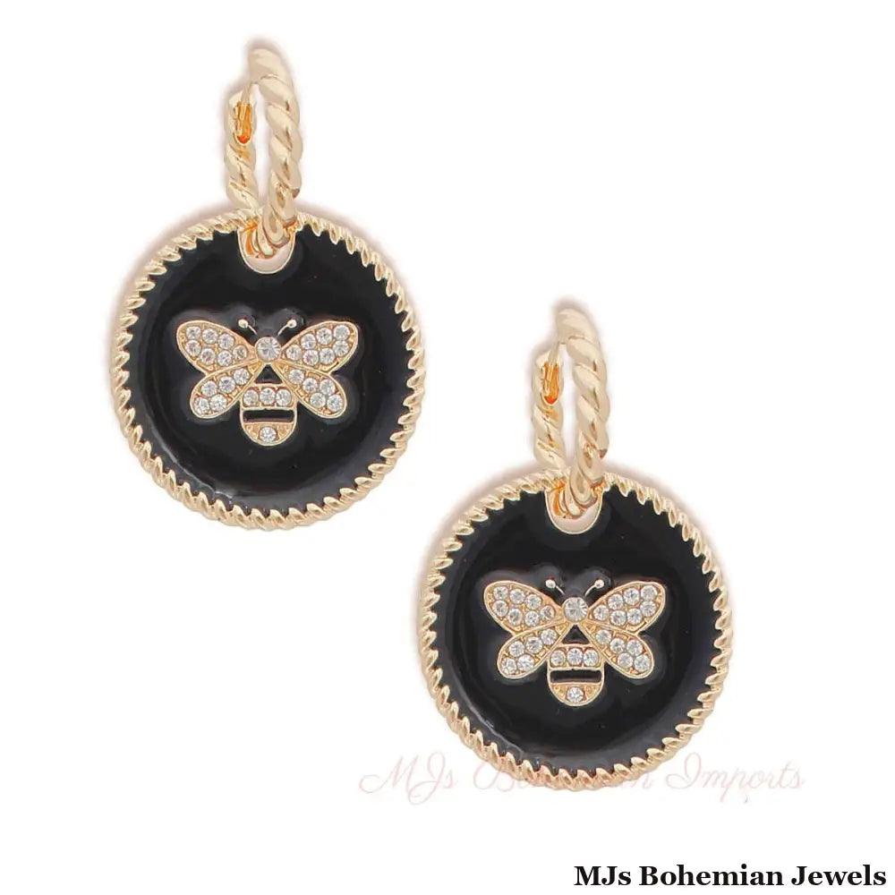 Black Bee Charm Twisted Gold Hoops