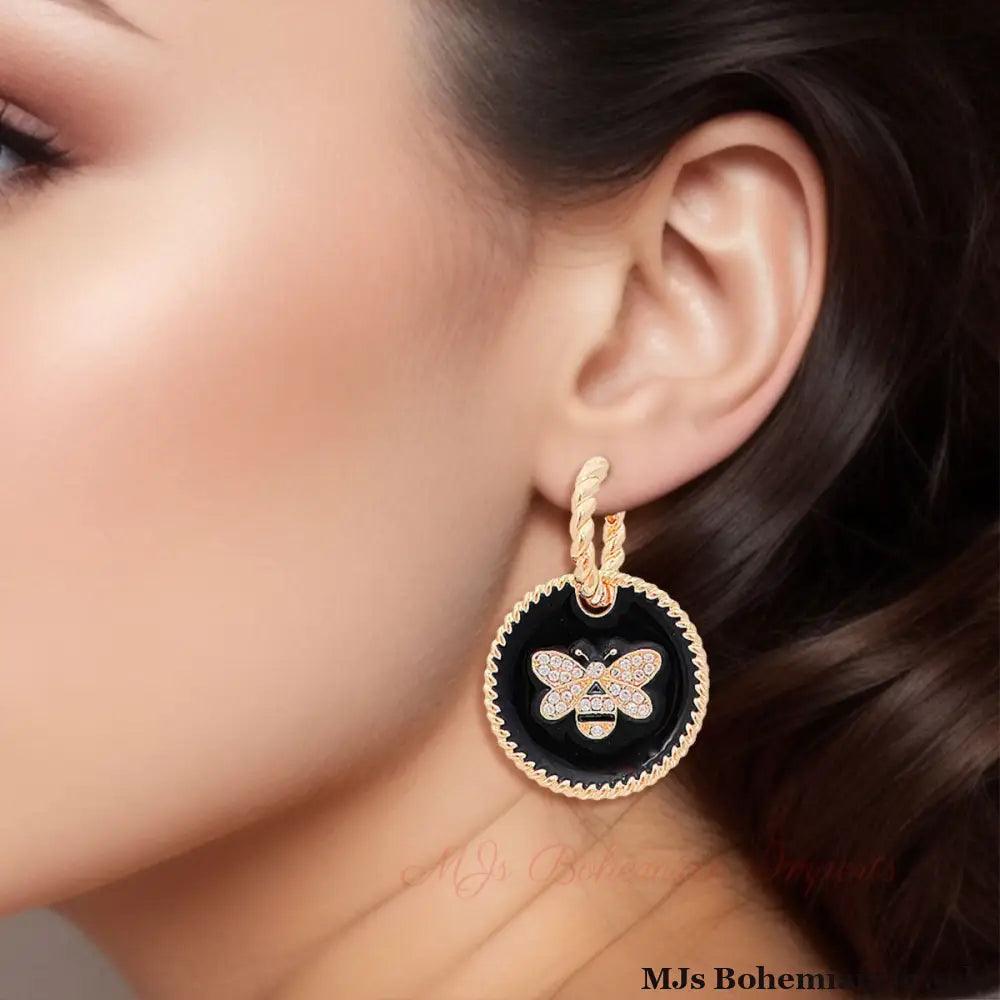 Black Bee Charm Twisted Gold Hoops
