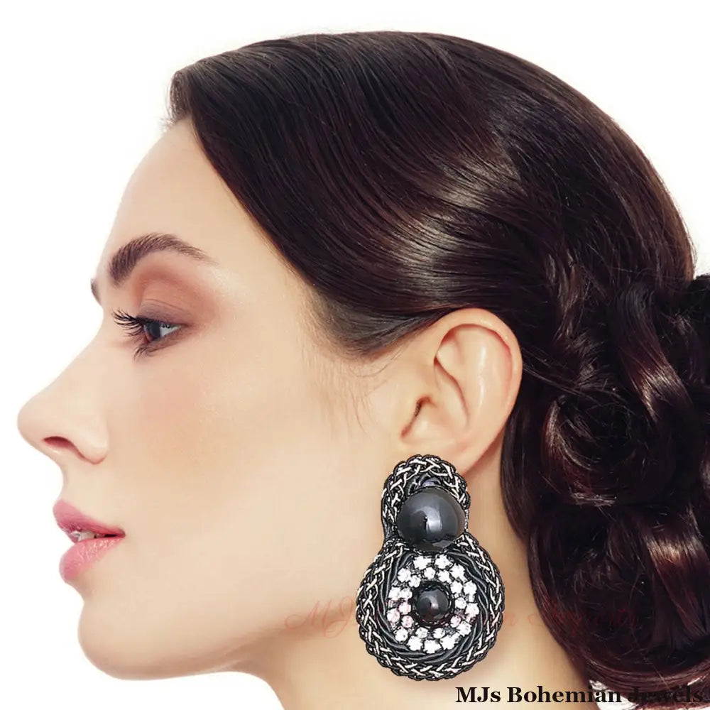Black Braided Round Stud Earrings