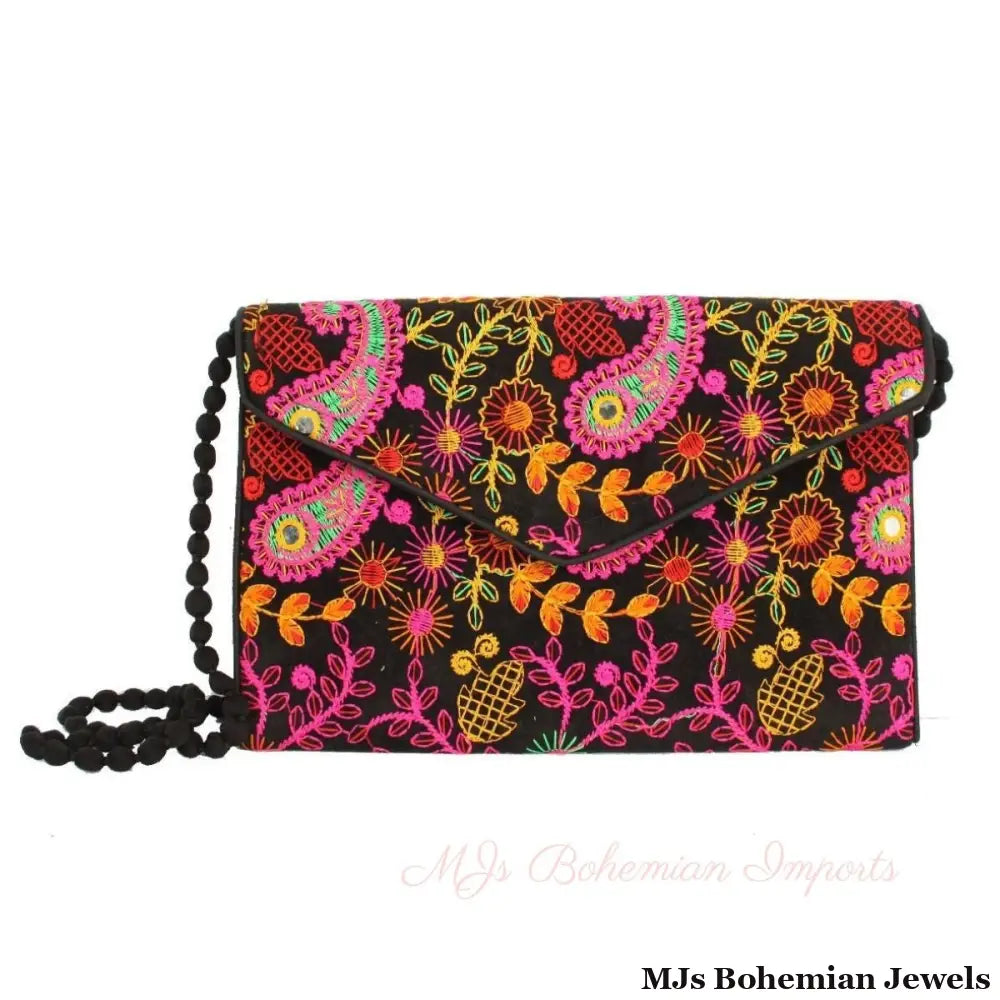 Black Embroidered Envelope Clutch