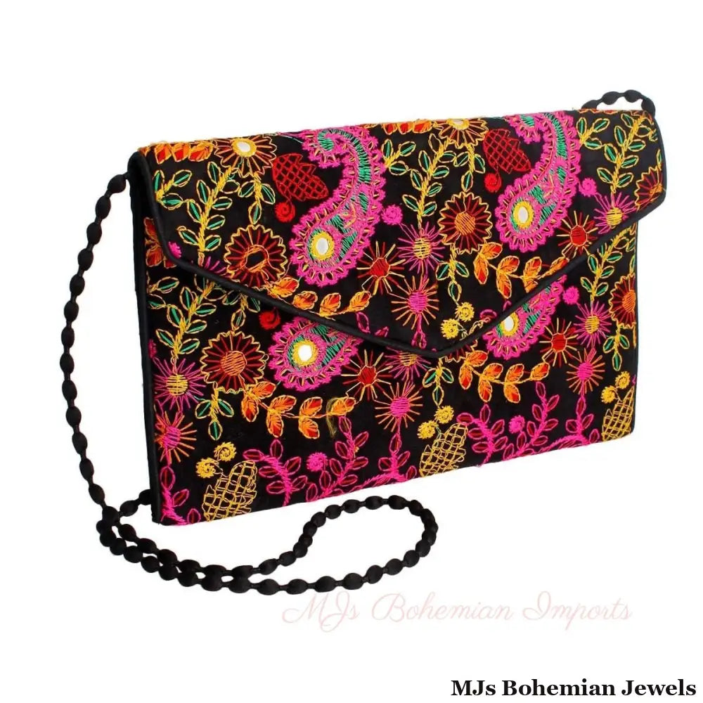 Black Embroidered Envelope Clutch