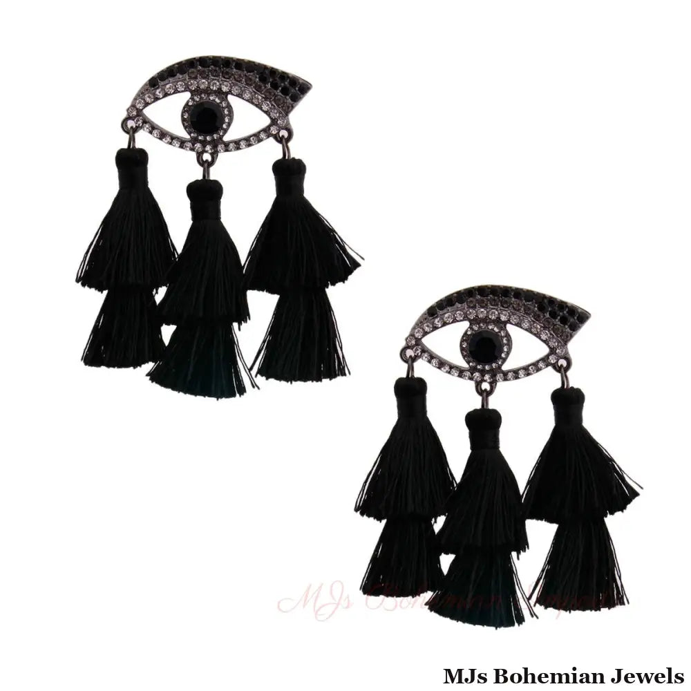 Black Evil Eye Tassel Earrings