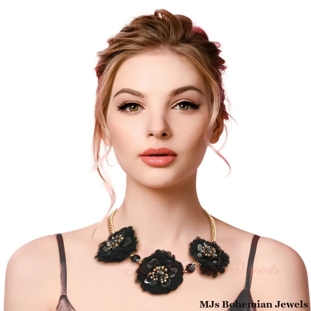 Black Fabric Flower Necklace Set