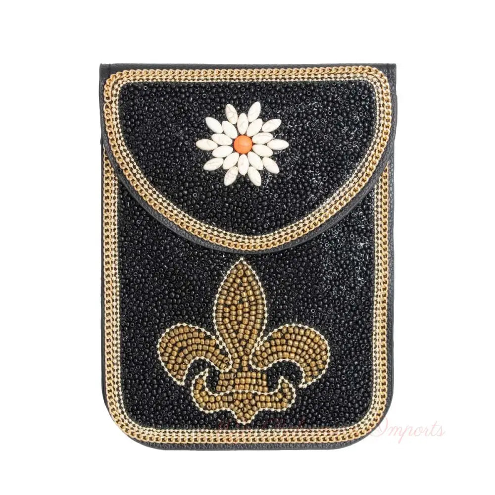 Black Fleur de Lis Beaded Phone Crossbody