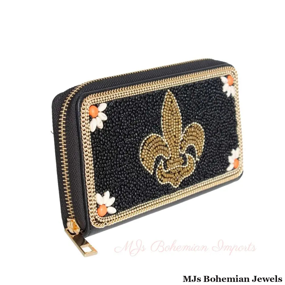Black Fleur de Lis Beaded Wallet