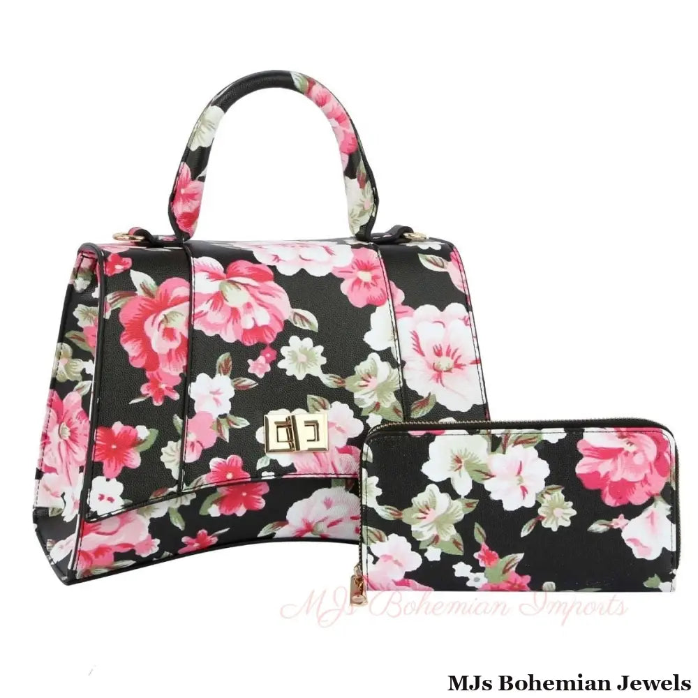 Black Floral Flal Top Handle Handbag Set