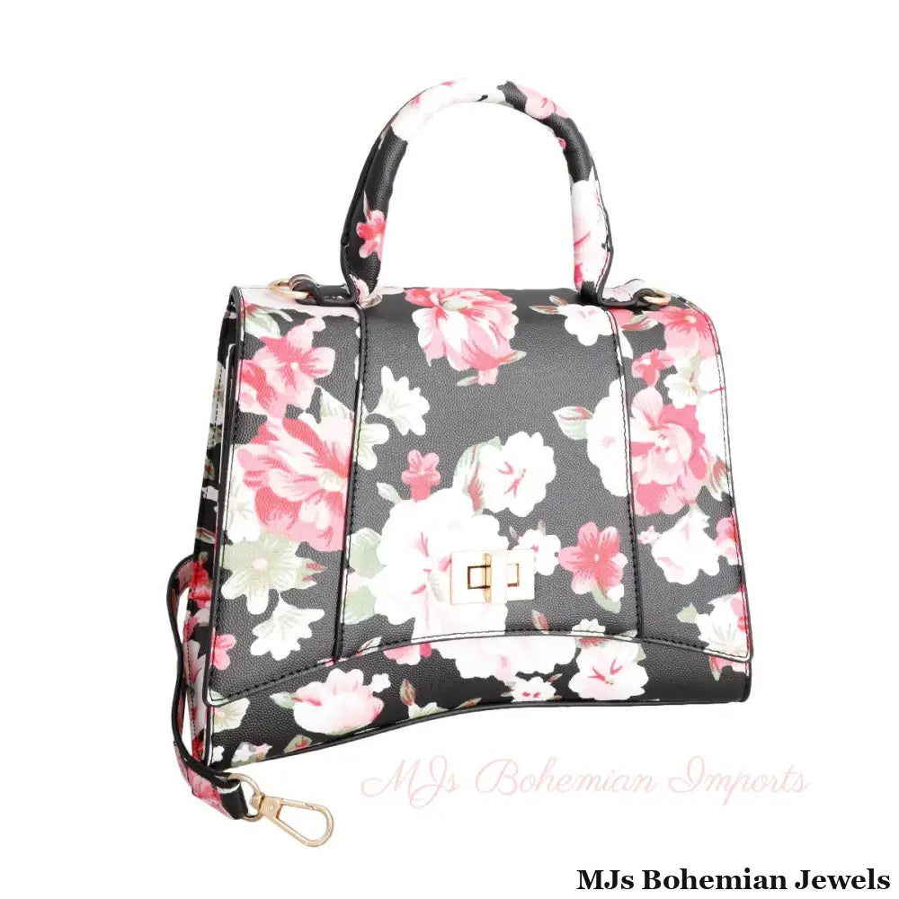 Black Floral Flal Top Handle Handbag Set