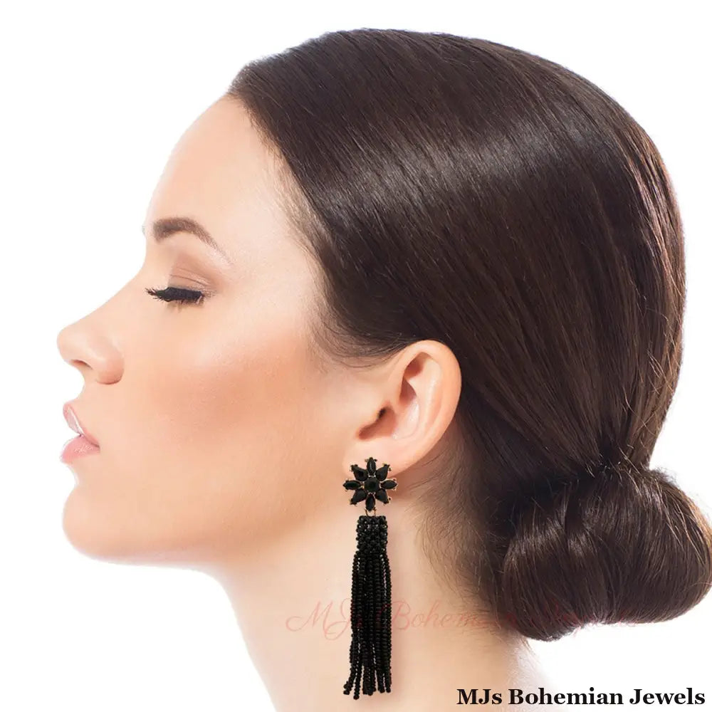 Black Flower Seed Bead Earrings