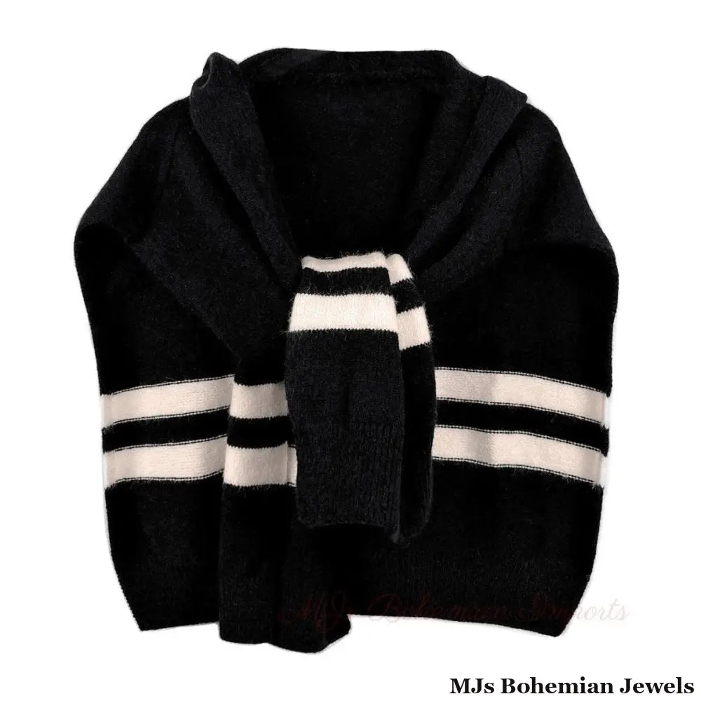 Black Hooded Stripe Knit Kimono