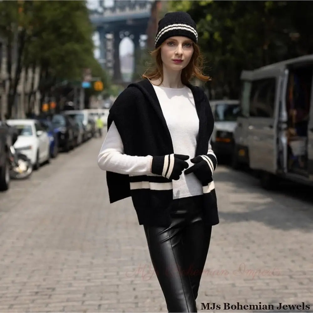 Black Hooded Stripe Knit Kimono