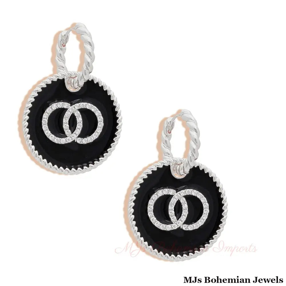 Black Infinity Charm Twisted Silver Hoops