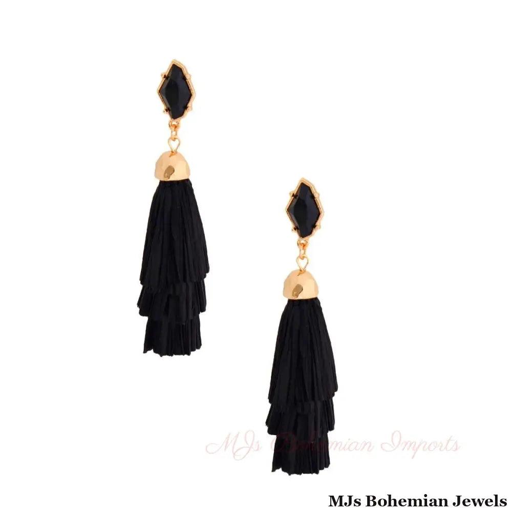 Black Raffia Stacked Tassel Earrings