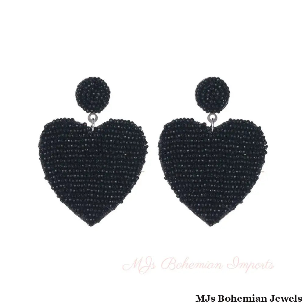 Black Seed Bead Heart Earrings
