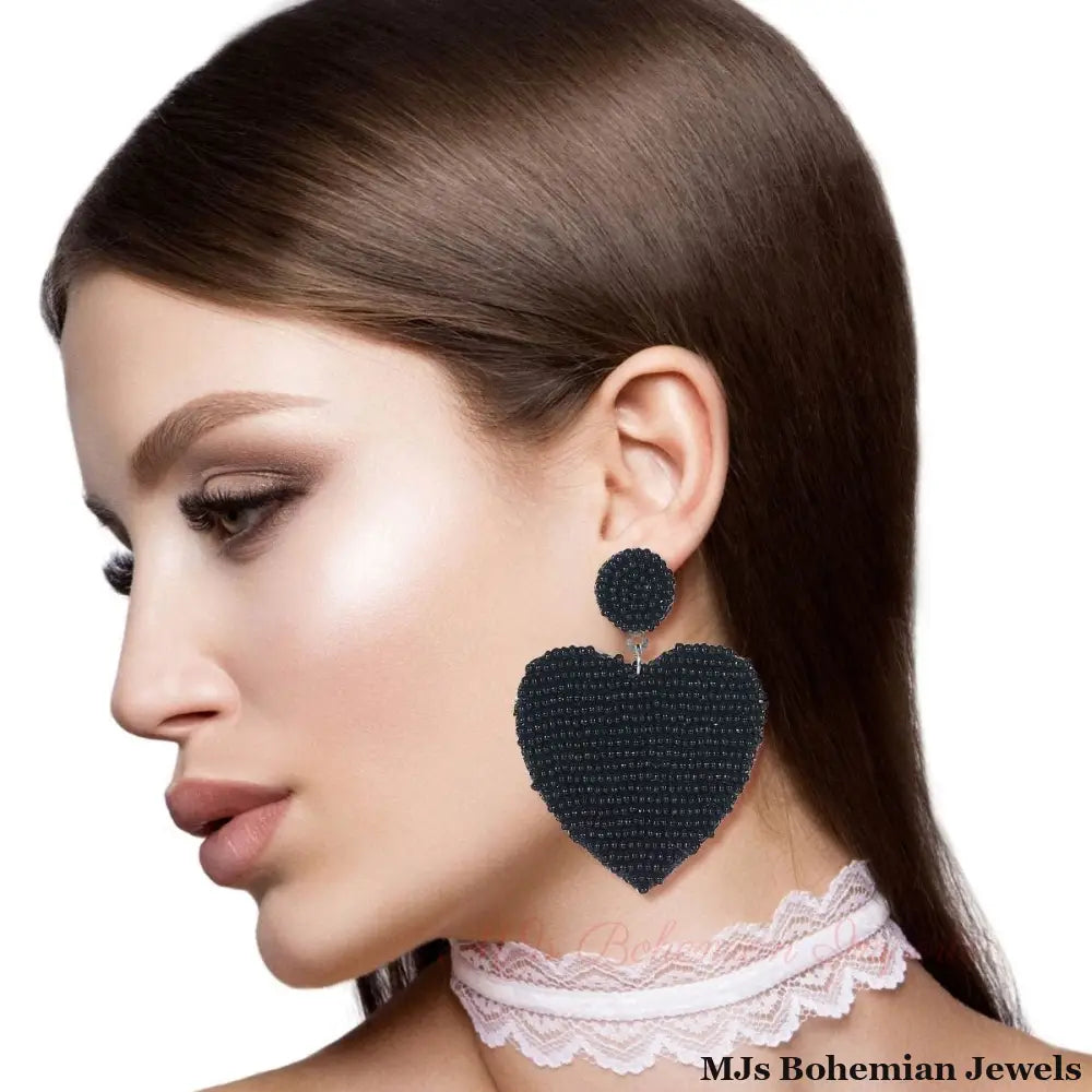 Black Seed Bead Heart Earrings