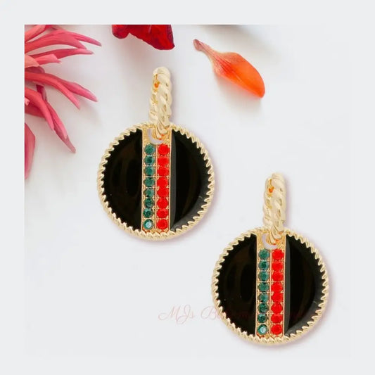 Black Stripe Charm Twisted Gold Hoops
