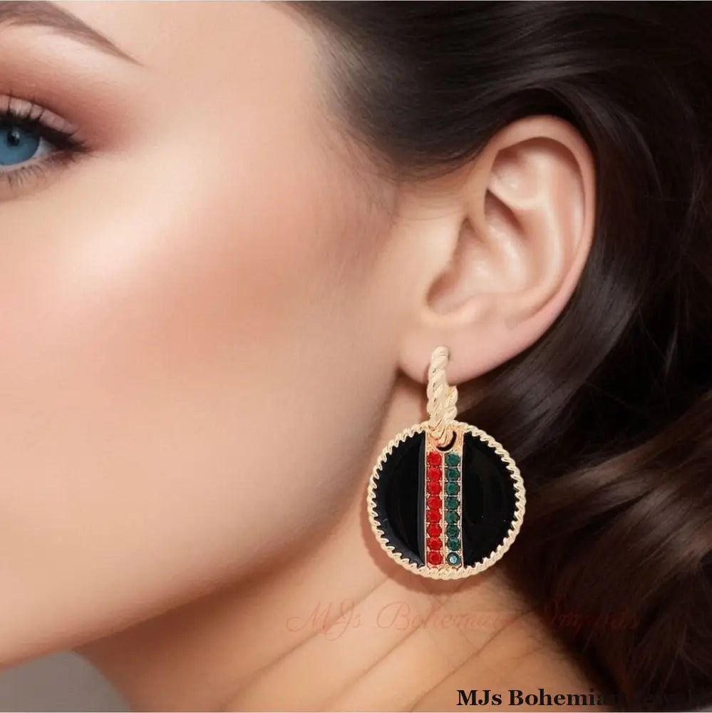 Black Stripe Charm Twisted Gold Hoops