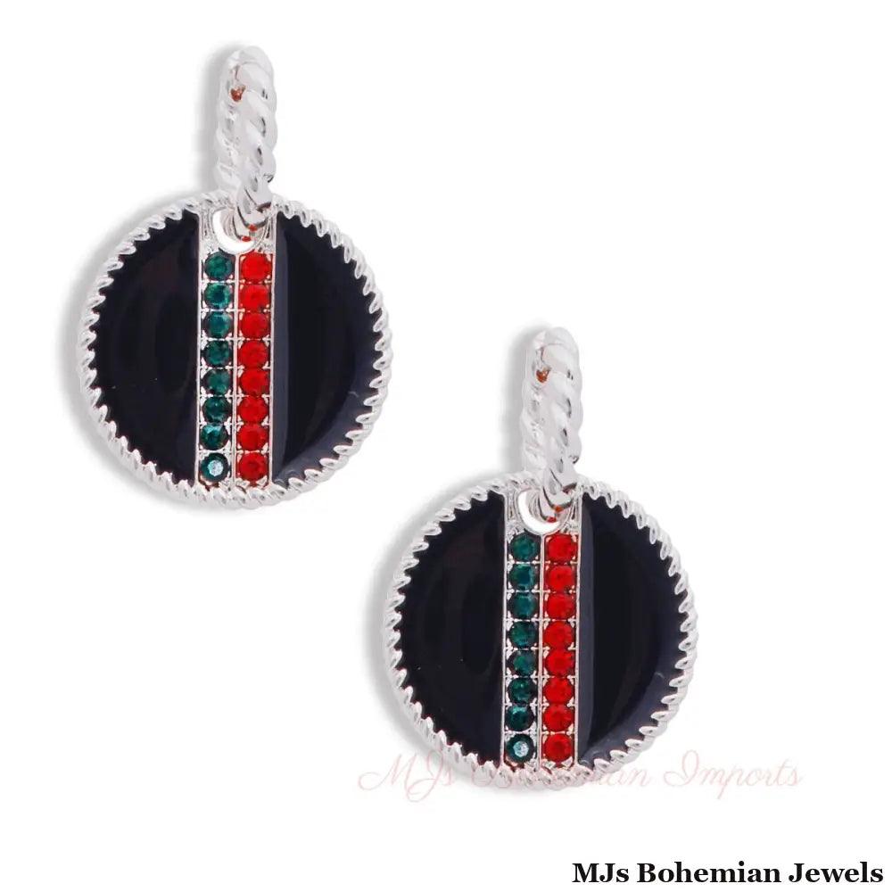 Black Stripe Charm Twisted Silver Hoops