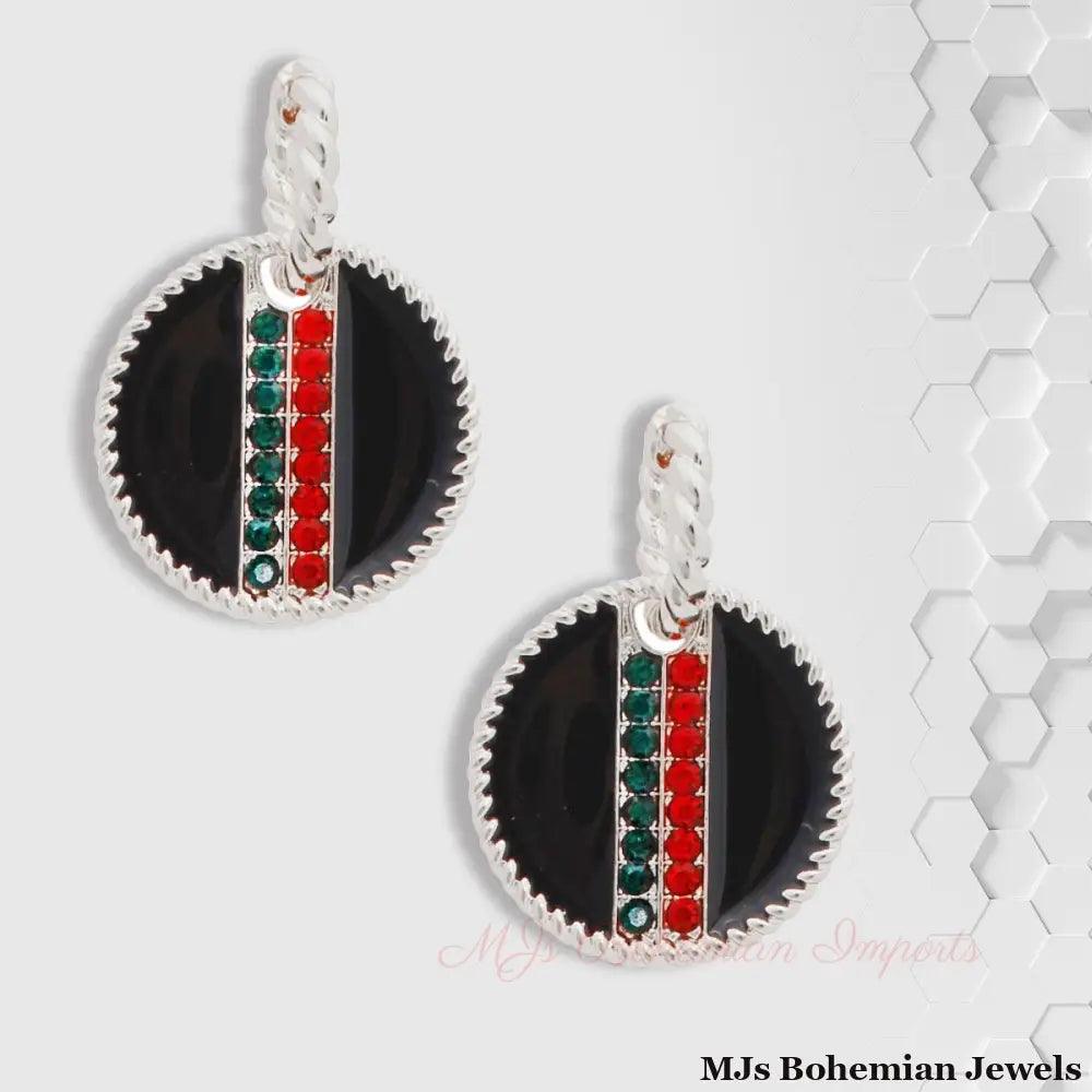 Black Stripe Charm Twisted Silver Hoops