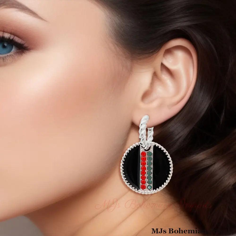 Black Stripe Charm Twisted Silver Hoops