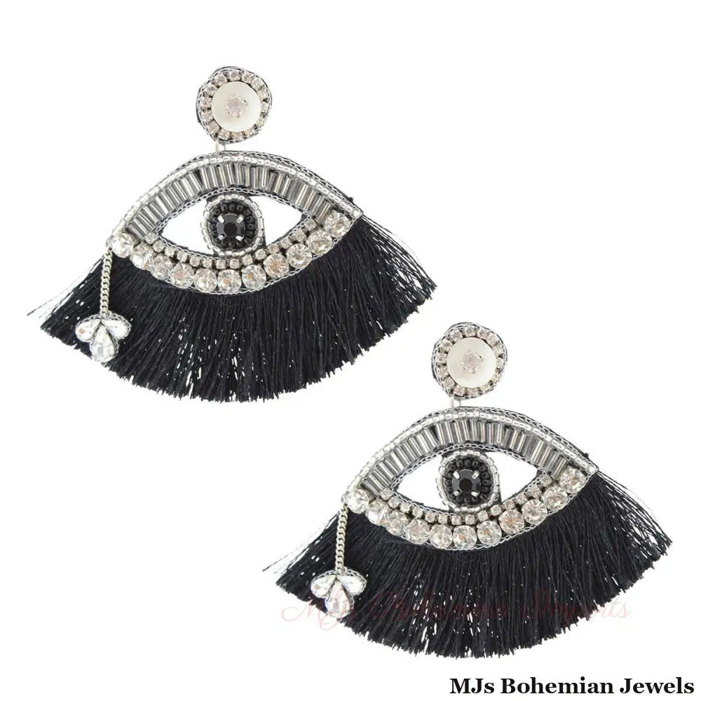 Black Tassel Rhinestone Eye Earrings
