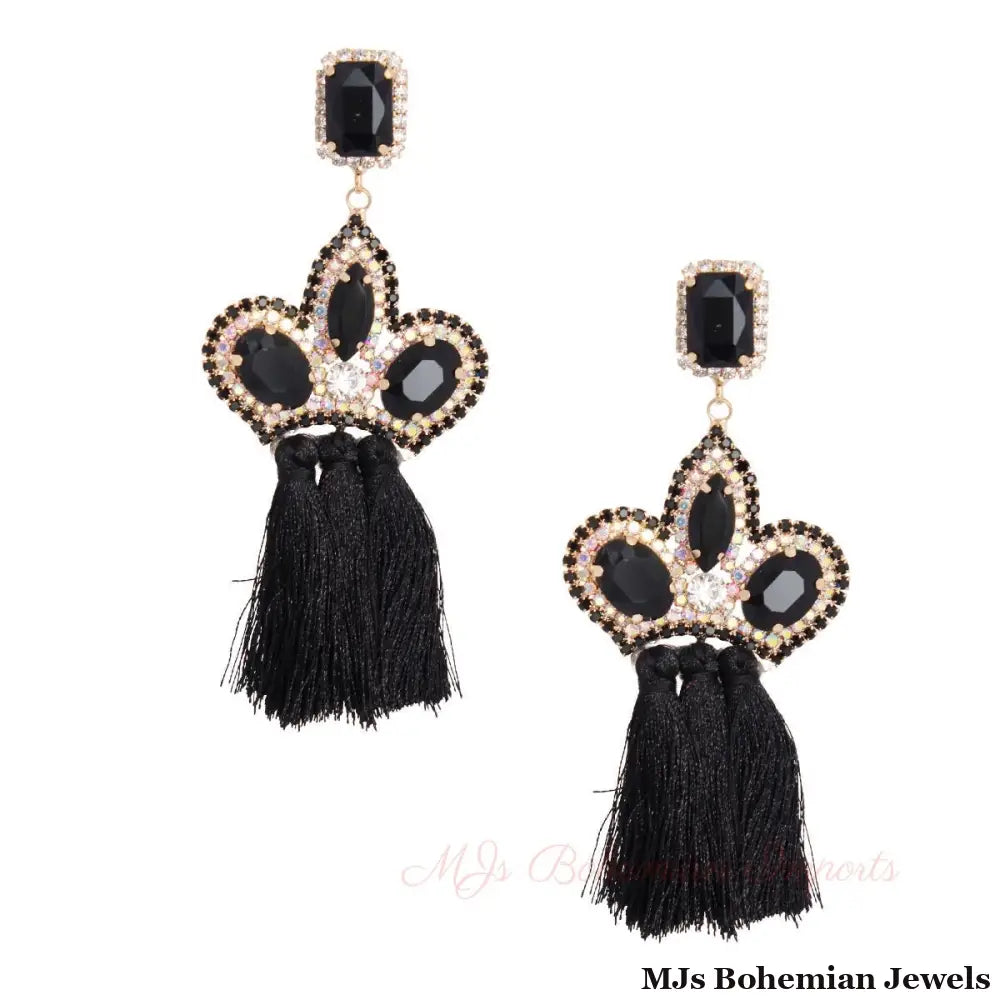 Black Triple Tassel Stone Earrings