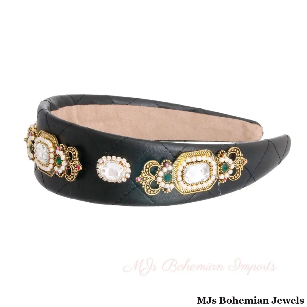 Black Vegan Leather Crystal Headband