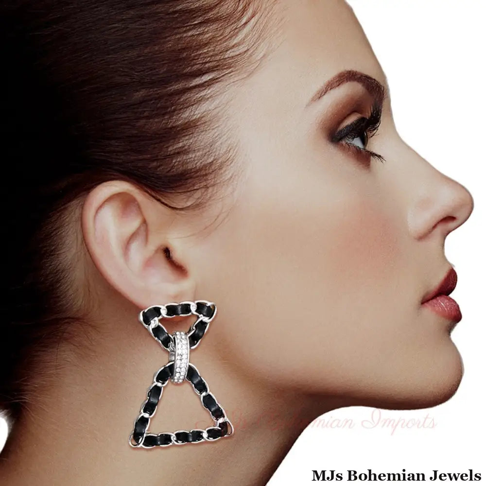 Black Woven Silver Triangle Earrings