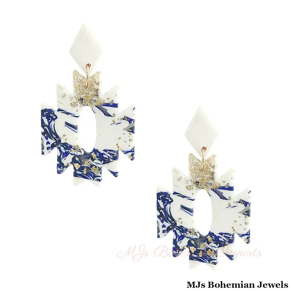 Blue and White Marbled Clay Aztec Earrings