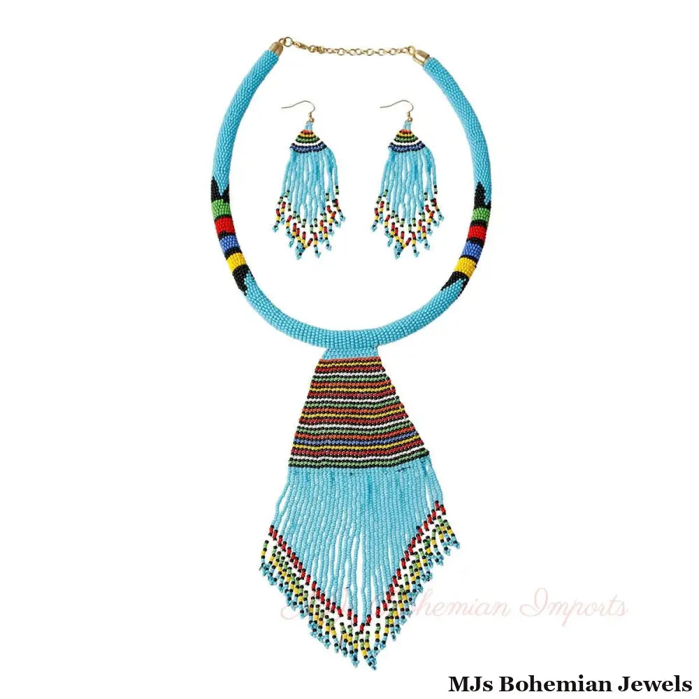 Blue Bead Tassel Necklace Set