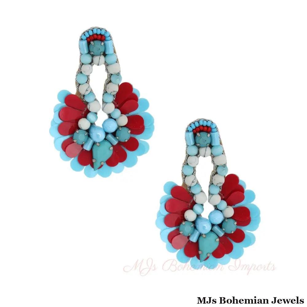 Blue Beaded Sequin Fan Tassel Earrings