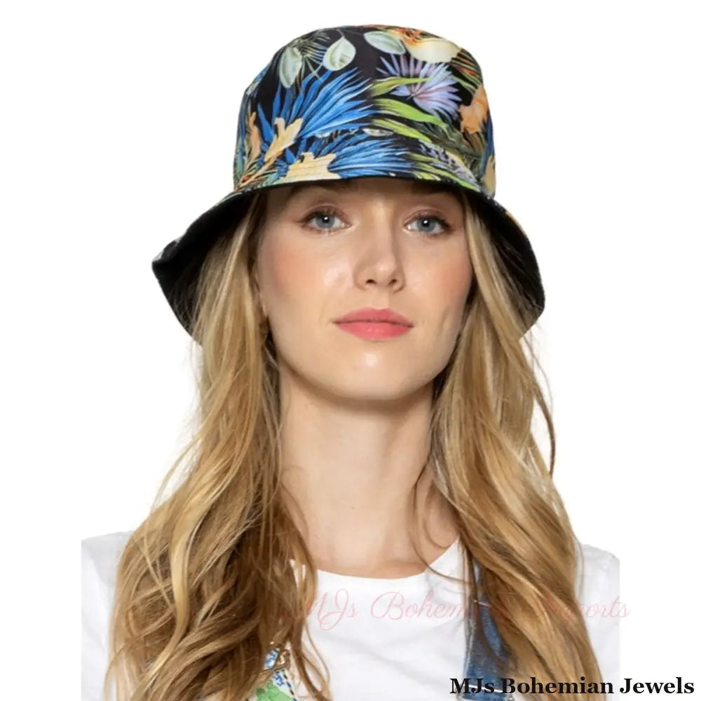 Blue Black Tropical Reversible Bucket Hat