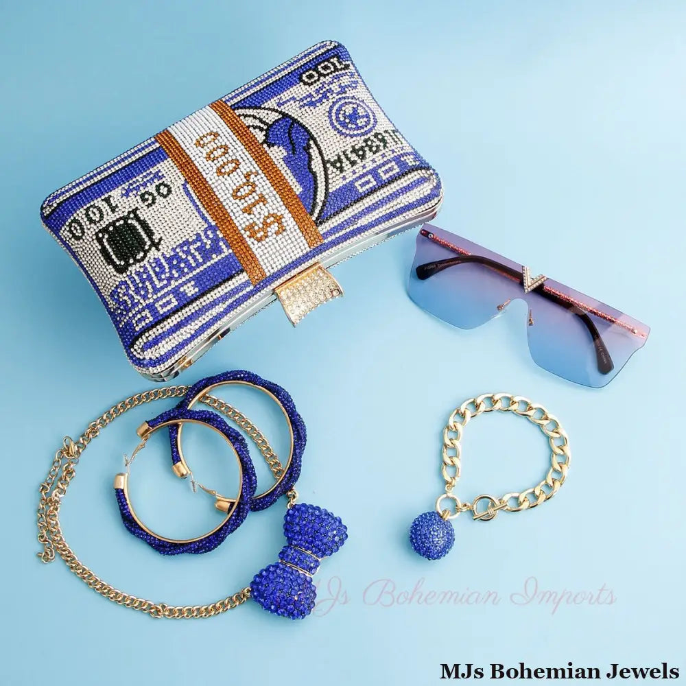 Blue Bling Banded Cash Luxury Clutch