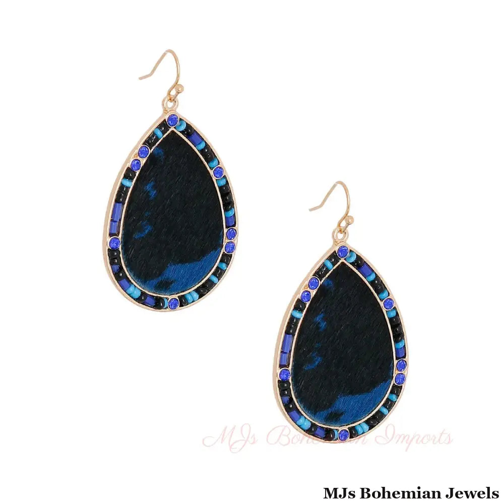 Blue Genuine Leather Bead Earrings