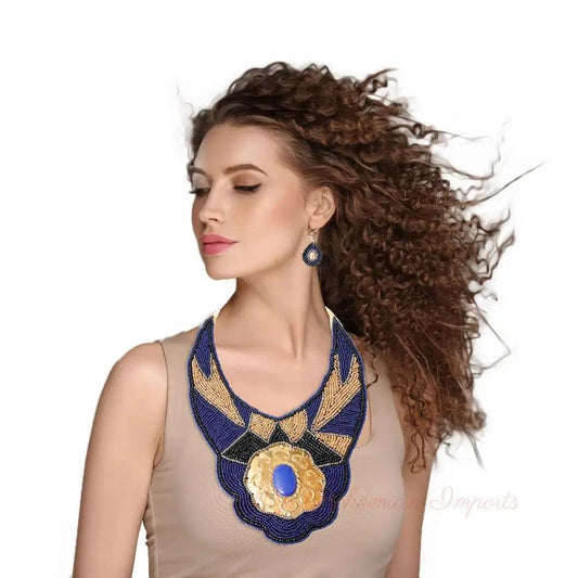 Blue & Gold Beaded Bib Set