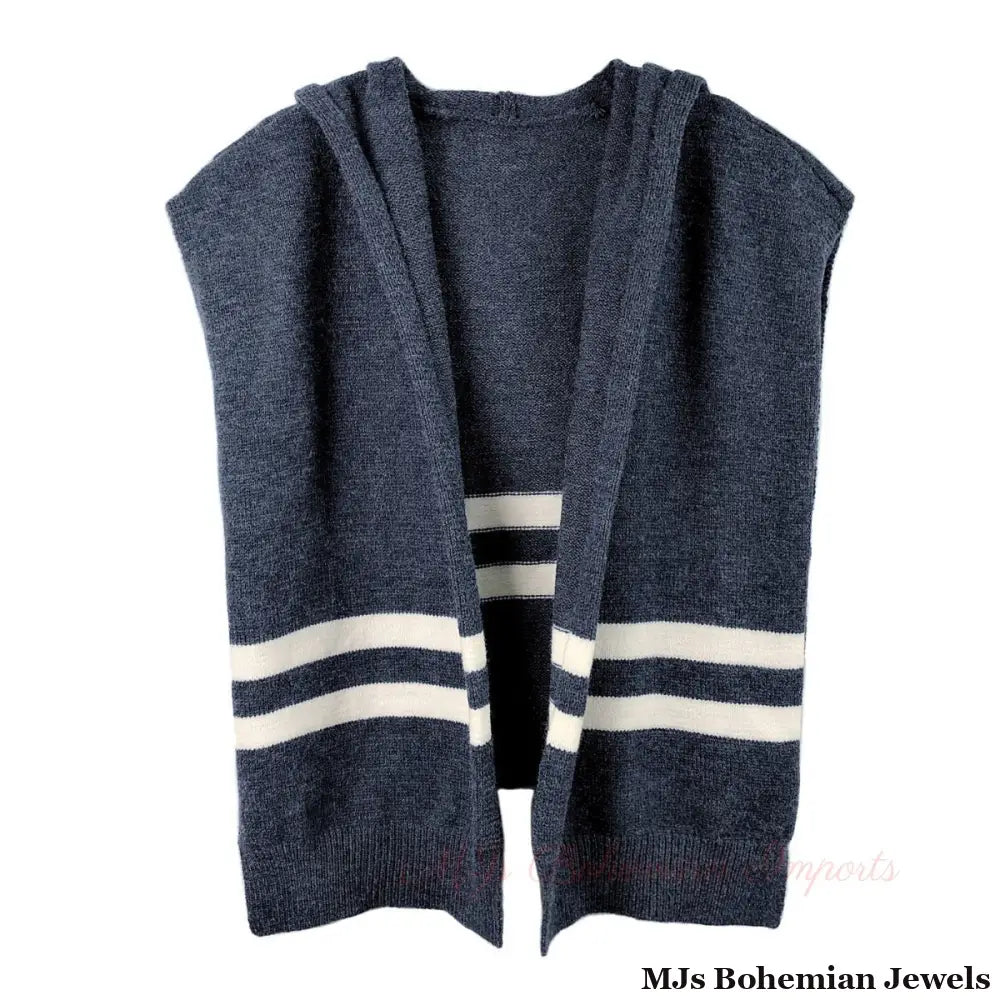 Blue Hooded Stripe Knit Kimono