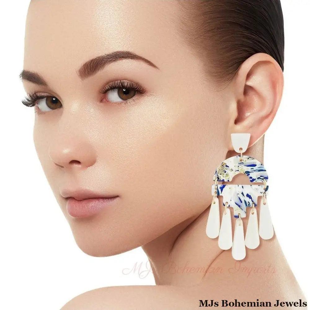 Blue Marbled Clay Teardrop Earrings