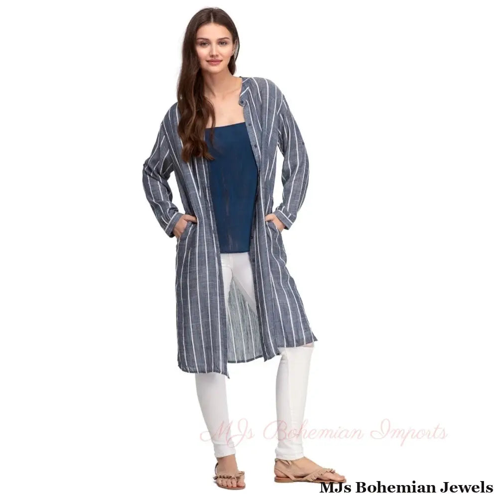 Blue Pin Stripe Long Shirt Kimono