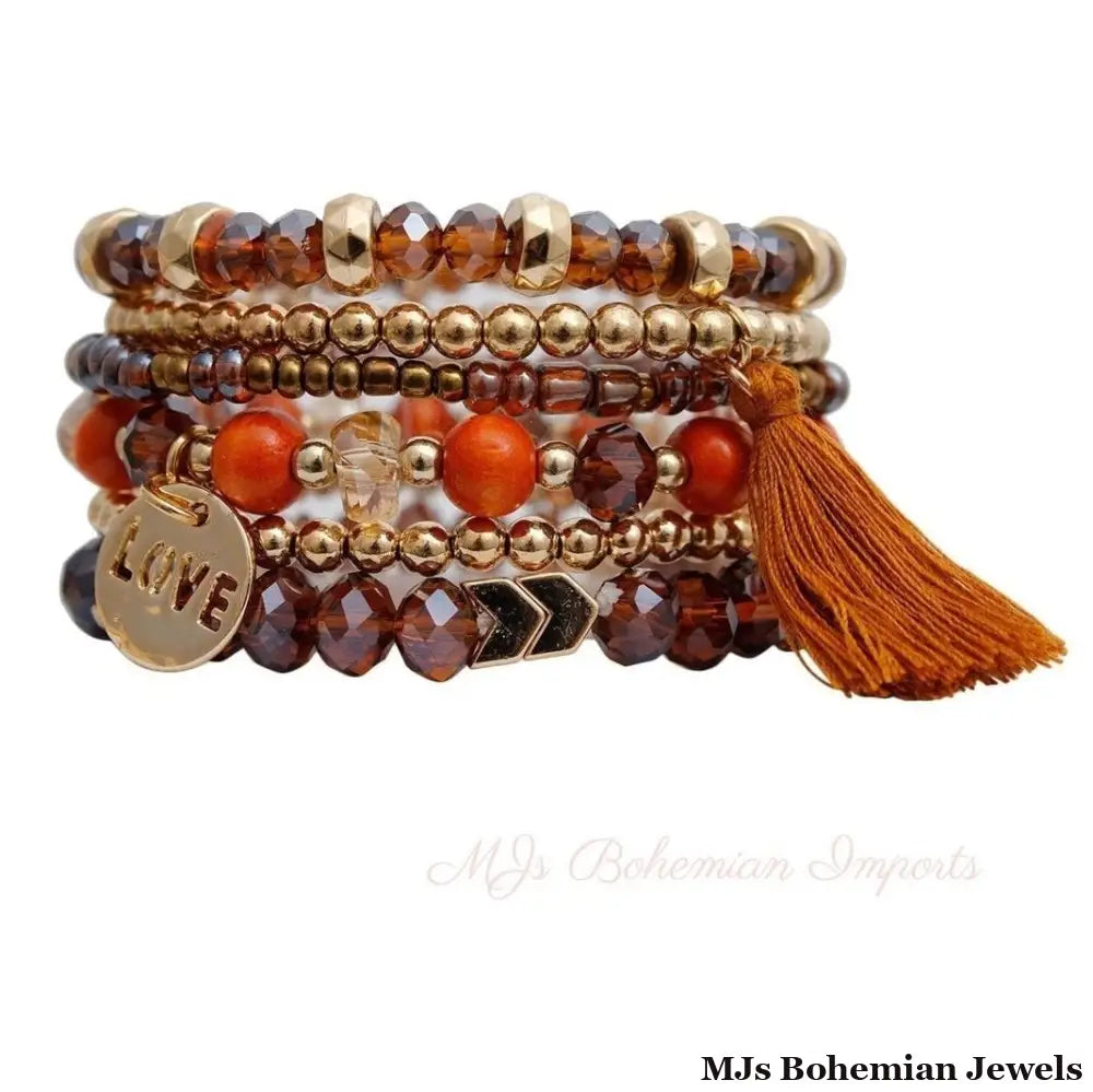 Brown Glass Love 6 Pcs Bracelets