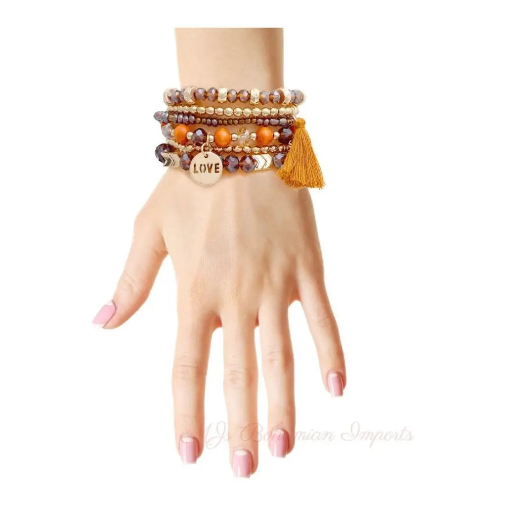 Brown Glass Love 6 Pcs Bracelets