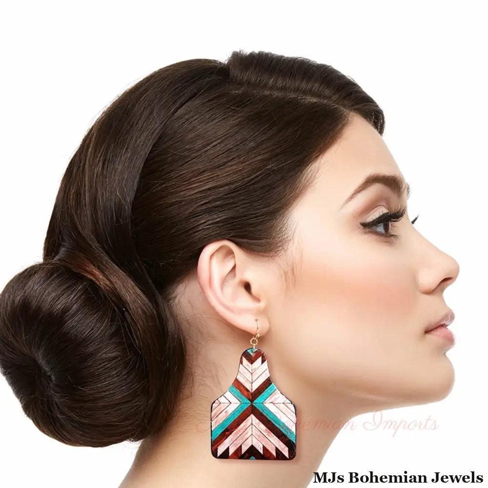 Brown Mosaic Leather Paddle Earrings