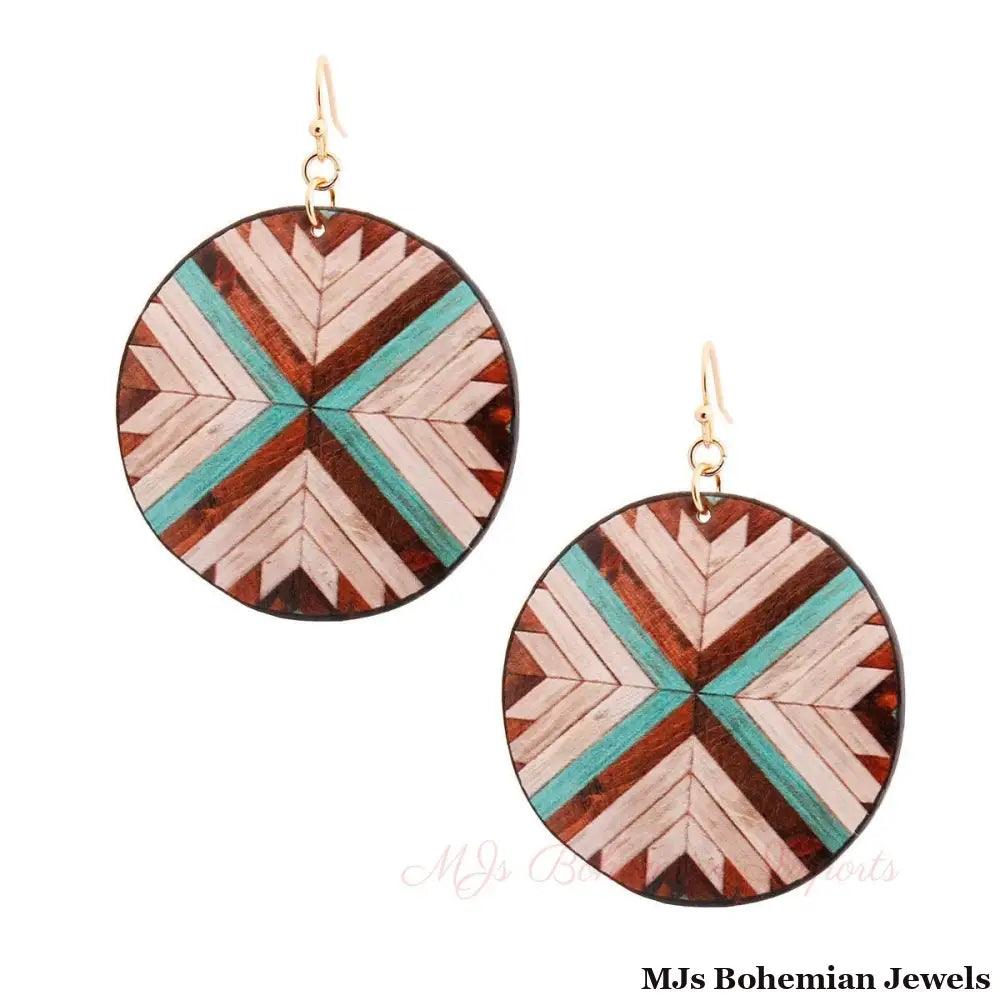 Brown Mosaic Leather Round Earrings