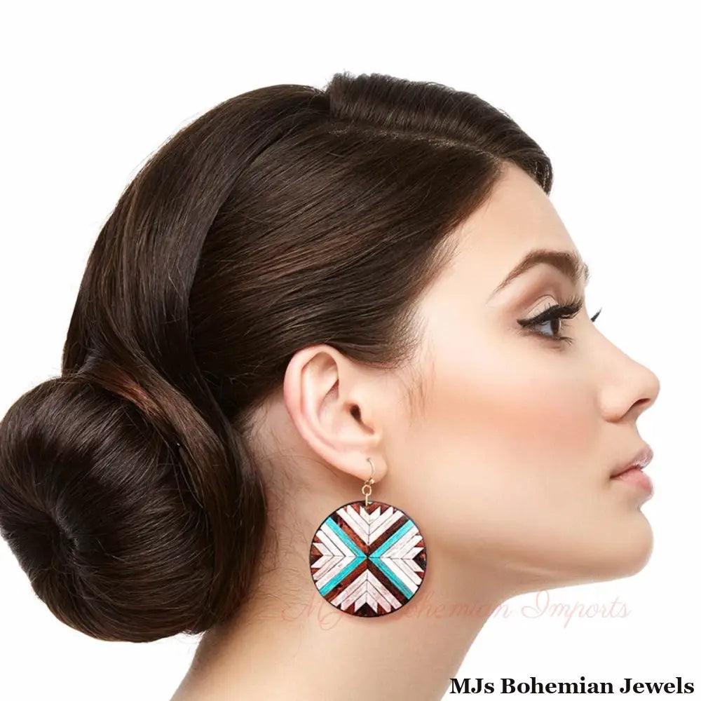 Brown Mosaic Leather Round Earrings