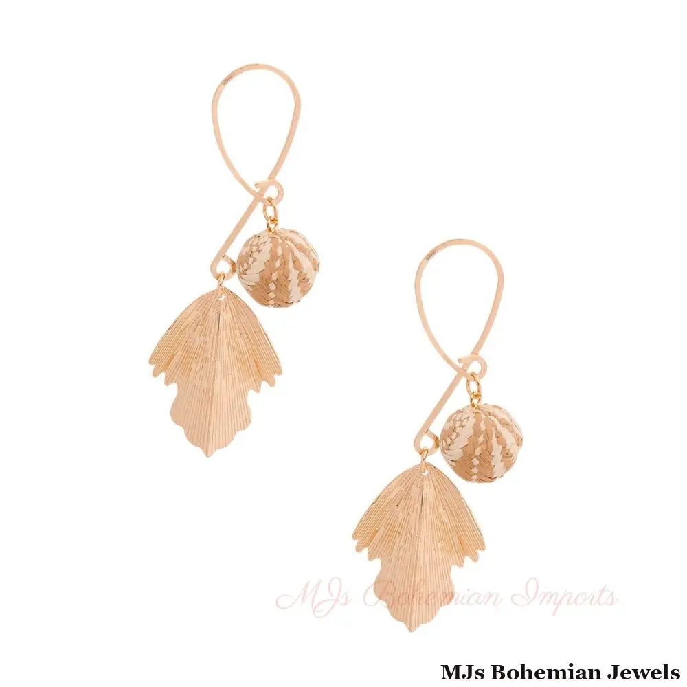 Brown Raffia Fanned Gold Earrings